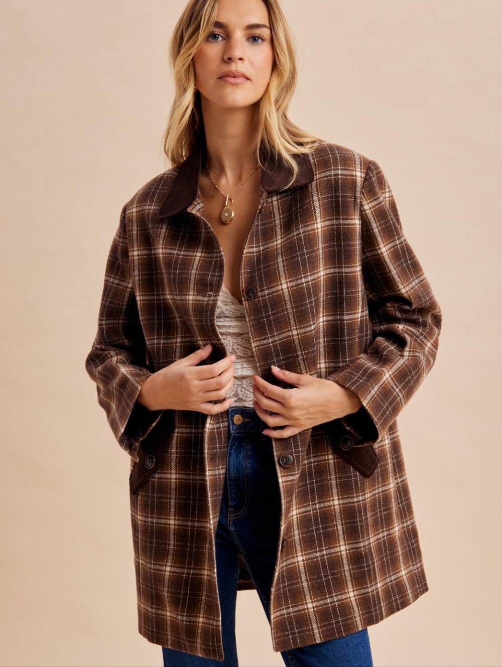 Plaid Midlength Barn Brown Jacket